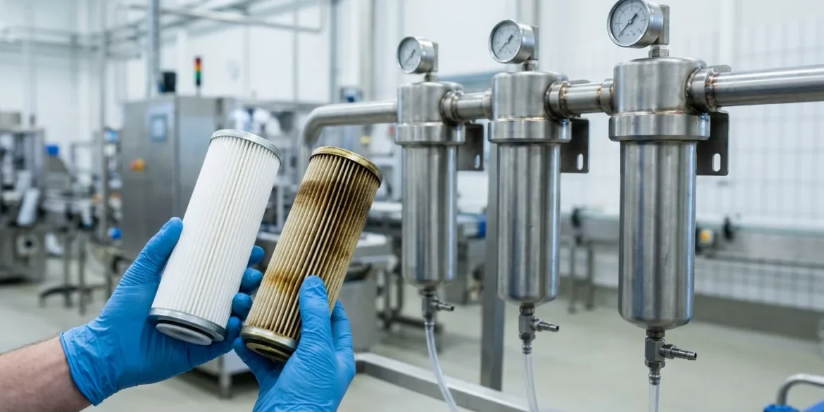 Technician holding a clean and a used compressed air filter element in front of stainless steel filter housings