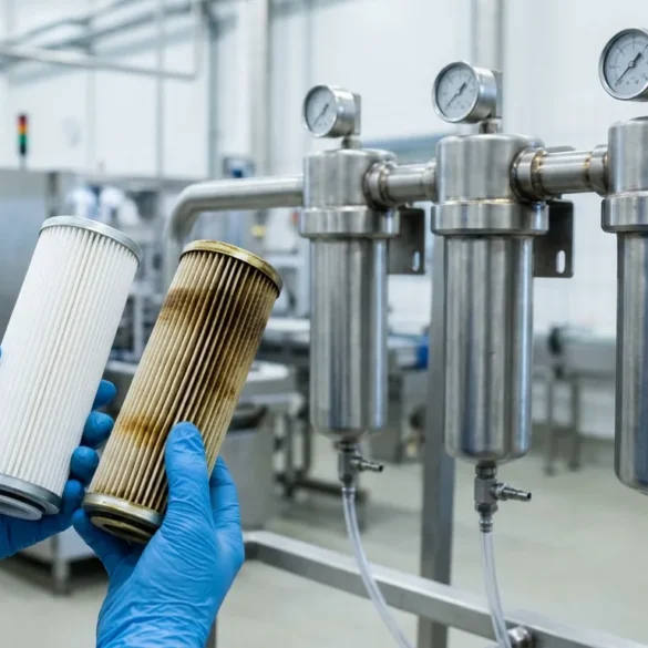 Technician holding a clean and a used compressed air filter element in front of stainless steel filter housings