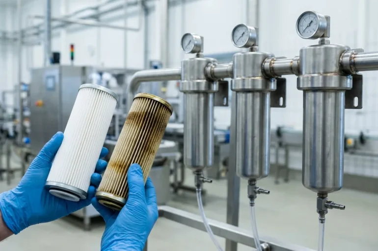Technician holding a clean and a used compressed air filter element in front of stainless steel filter housings